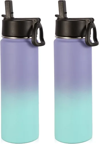 Vista 23 de Volhoply Botellas de agua aisladas de 22 onzas con tapa con popote, botella deportiva de acero inoxidable con asa, vasos de agua de viaje de metal