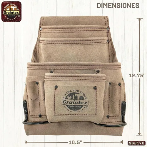 Vista 3 de Graintex - Bolsa de 10 bolsillos para uñas y herramientas, bolsa de cuero de ante color beige, cinturón de herramientas para constructores