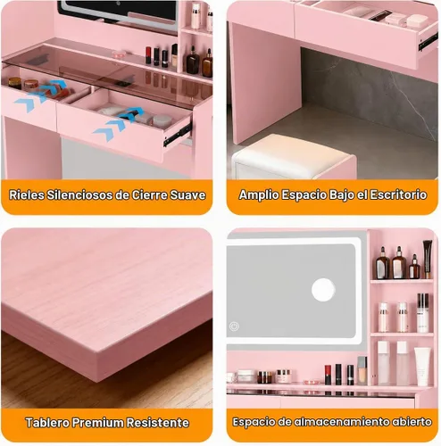 Vista 7 de Escritorio de tocador de maquillaje con espejo y luces, parte superior de Rosa