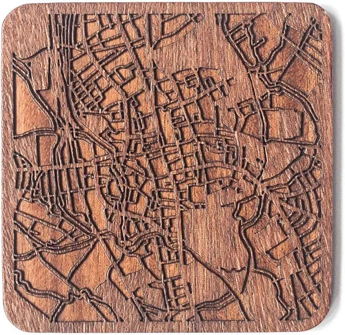 Vista 8 de Posavasos Amsterdam Map by O3 Design Studio, 1 pieza, posavasos de madera Sapele con mapa de la ciudad, hecho a mano, varias ciudades opcionales