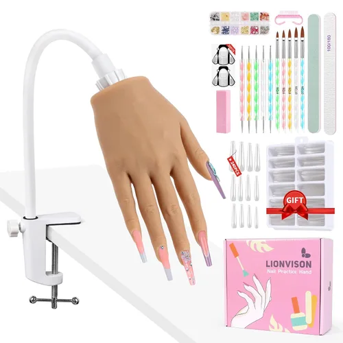 Vista 11 de LIONVISON Mano de práctica para uñas acrílicas: mano de maniquí falsa realista Fake Training Hand with Adjustable Clamp & 240 Coffin Tips - False