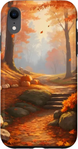 Vista 23 de iPhone 13 Pro Max Idílica escena del bosque de otoño, hojas de otoño, funda de calabazas