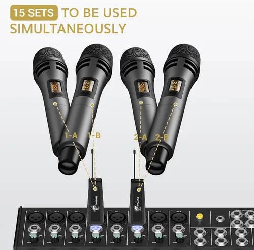 Vista 7 de TONOR Micrófonos Inalámbricos, Sistema de Micrófono UHF Dual para Karaoke, Microfonos Inalámbricos con Receptor Recargable, Micrófono Dinámico