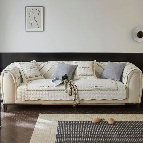 Vista 2 de vctops Funda de sofá con bordado neutro para sillón, funda acolchada de algodón para sofá modular, funda antideslizante y lavable, protector