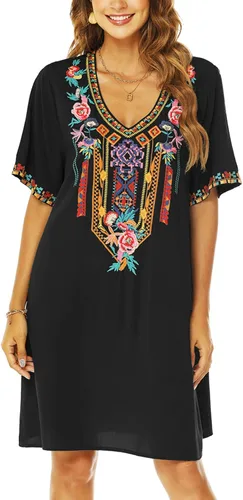 Vista 2 de AK Vestido campesino mexicano bohemio de verano para mujer, manga corta, floral, bordado, suelto, hippie, túnica bohemia