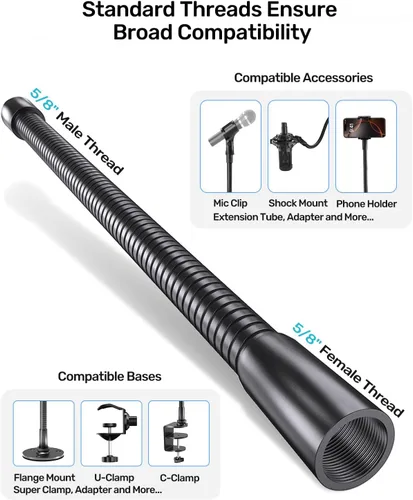 Vista 5 de Cuello de cisne de micrófono de 13 pulgadas (rosca 5/8-27) – Brazo de micrófono universal resistente para soporte de micrófono, ajuste de 360°, alta