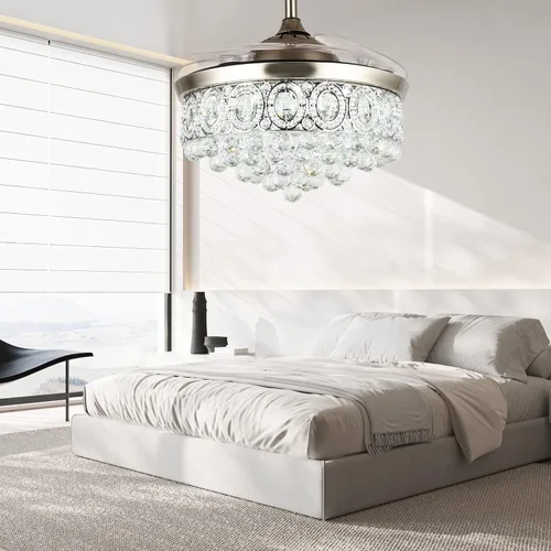 Vista 7 de Ventilador de techo de araña de cristal de 42 pulgadas con luces y cuchillas retráctiles de control remoto, moderno ventilador LED de iluminación