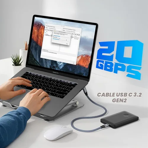 Vista 4 de Cable USB C de 90 grados de 1 pie, cable de datos corto USBC a USBC 3.2 Gris
