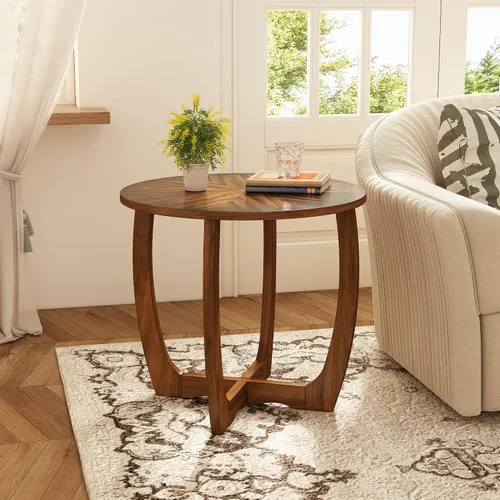 Vista 3 de PADMA HOUSE - Mesa auxiliar redonda de madera con patas curvas, mesa única de copo de nieve Brown Walnut Wood Tabletop & Legs, 23.6"D x 21.7"H