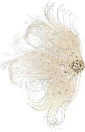 Vista 7 de Fascinator - Pinzas para el pelo con plumas de pavo real, diadema art déco, accesorios de los años 20 para mujer 04Blanco