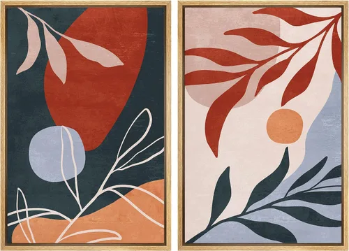 Vista 137 de SIGNFORD Lienzo enmarcado para pared, juego de arte geométrico retro de mediados de siglo, plantas forestales, ilustraciones con formas abstractas