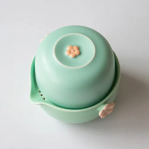 Vista 7 de HEER Travel Gaiwan - Juego de té para uno, juego de tazas de tetera portátil de porcelana, diseño de flor de ciruelo, regalo para mujeres (azul)