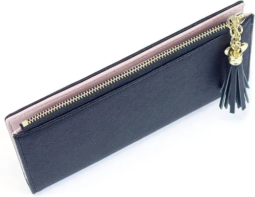 Vista 3 de Cartera delgada para mujer, bolso de mano, tarjetero con borla, bolsillo con cremallera Negro