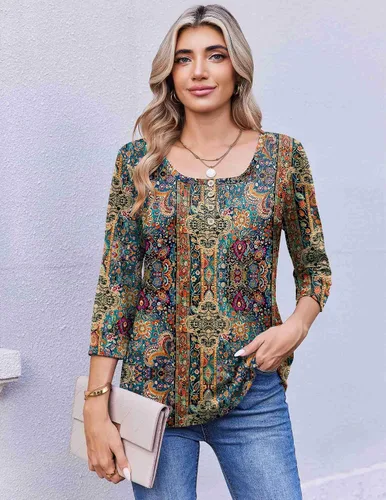 Vista 4 de Ekouaer Blusas de manga 3/4 para mujer, blusas casuales elegantes para Marrón Bohemian-mz721