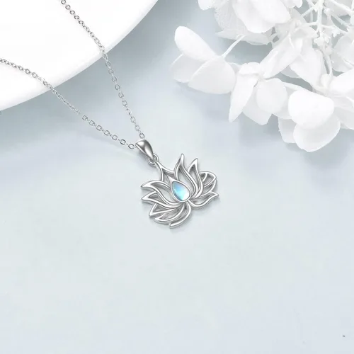 Vista 5 de CRMAD Collar de loto para mujer, plata de ley, piedra lunar, flor de loto, colgante de joyería de regalo, Metal,