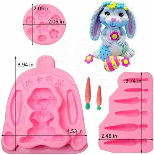 Vista 2 de Molde de silicona 3D de conejo de Pascua, moldes de chocolate con zanahoria de conejo grande, huevos de conejo, oreja, margarita, flores, dulces