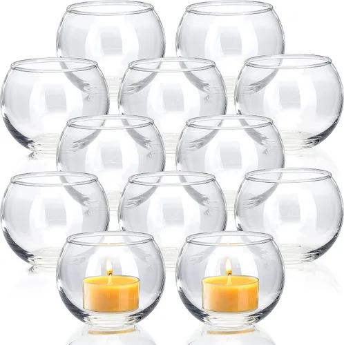 Vista 12 de Volens - Portavelas votivas redondas azules, juego de 12, decoraciones de mesa para centro de mesa de boda azul, portavelas de vidrio de mercurio