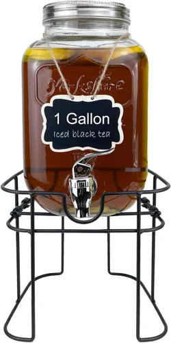 Vista 8 de Despachador de bebidas de vidrio de 1 galón para fiestas, paquete de 2, dispensador de jugo, limonada, té helado y agua con soporte, dispensadores