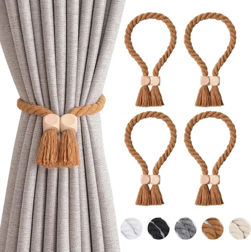 Vista 30 de NICEEC 2 Pack de Alzapaños Magnéticos de Madera en Forma de Cubo Boho para Decoración del Hogar, Alzapaños de Lino Tejidos a Mano para Cortinas Beige