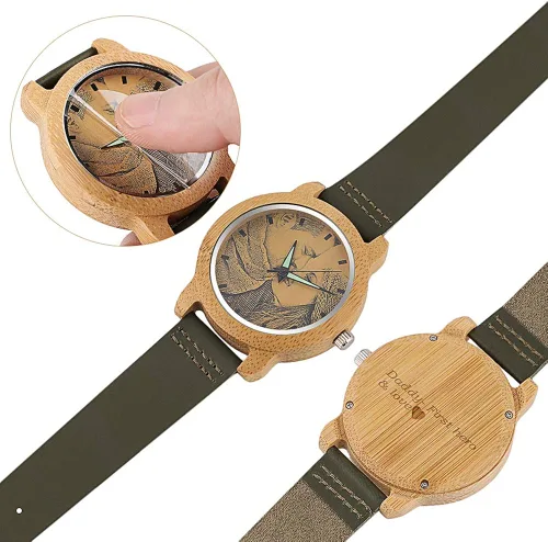 Vista 3 de Reloj de madera con foto o mensaje grabado de doble cara para regalo.