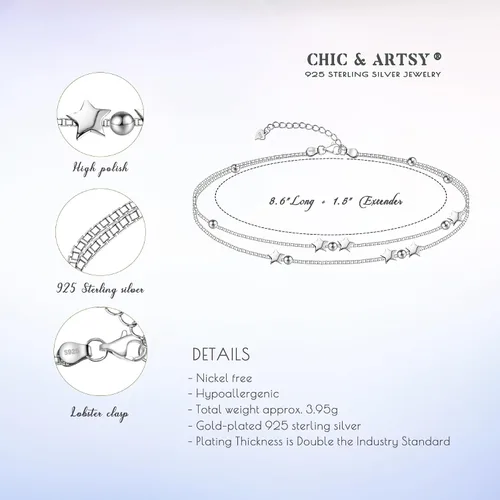 Vista 5 de LINGBG JEWELRY Pulseras en capas de plata de ley 925, pulseras de amor con corazón, pulseras de estrellas para mujer, pulseras de doble hebra
