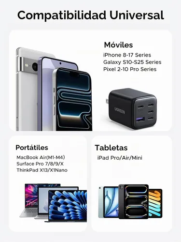 Vista 9 de UGREEN Bloque de cargador USB C de 5 puertos de 45 W, PD/PPS/QC de carga rápida de 45 vatios, cargador GaN con 4 puertos USB C para iPhone 17/16/15