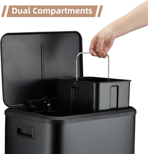 Vista 3 de GlowSol Black Kitchen - Cubo de basura de doble paso y cubo de reciclaje con tapa de cierre suave, cubo de basura sin contacto con pedal y cubo