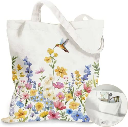 Vista 29 de Bolsa de lona estética para mujer, con cierre magnético a presión y bolsillo interior con cremallera, bolsa reutilizable