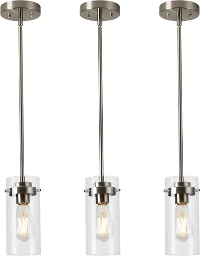 Vista 13 de EAPUDUN Lámparas colgantes, acabado de níquel cepillado, luces de cocina de techo, luces colgantes de vidrio transparente Isla