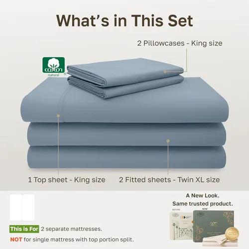 Vista 322 de California Design Den - Juego de sábanas de tamaño King dividido 100% algodón, 600 hilos, tejido satinado suave y transpirable, para cama ajustable