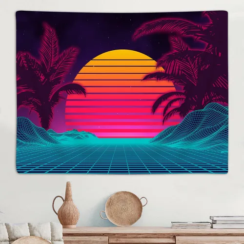 Vista 4 de Tapiz retro de onda de vapor de neón para el dormitorio de los hombres, tapices de arte de montaña trippy fresco para colgar en la pared