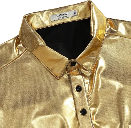 Vista 4 de TURETRENDY Camisa de discoteca de los años 70 para hombre, con lentejuelas brillantes, manga corta, para fiesta, polo hipster, discoteca, baile