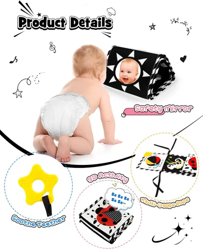 Vista 4 de Baobrava 3 piezas de juguetes para bebés en blanco y negro de alto contraste para recién nacidos, juguete sensorial Montessori para tiempo
