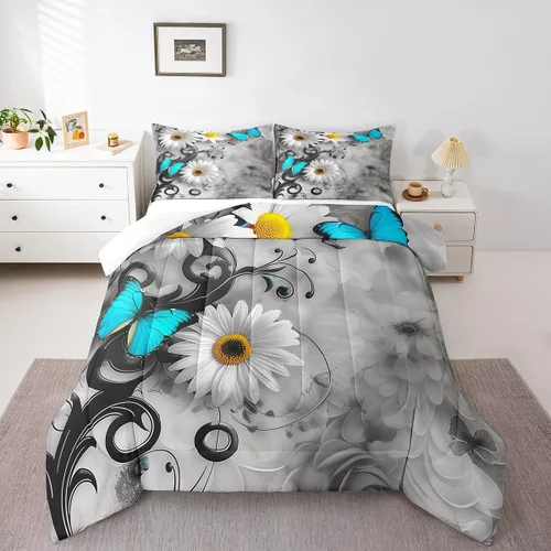 Vista 7 de Juego de ropa de cama de mariposa azul para adultos, mujeres y niñas, juego de edredón con estampado de lavanda morado, tamaño individual, diseño