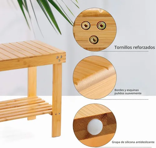 Vista 4 de VaeFae Banco de ducha de bambú, taburete de asiento de banco de spa, taburete de afeitar con pies antideslizantes y estante de almacenamiento