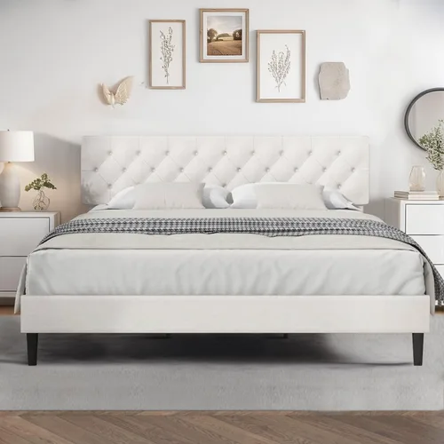 Vista 33 de HOMBCK Base de cama de tamaño individual con cabecera, base de cama tapizada con plataforma de lino para niños, base de cama de tamaño individual