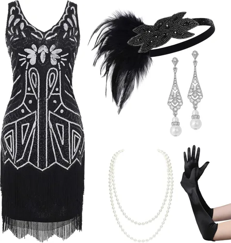 Vista 6 de BABEYOND Conjunto de vestidos flapper para mujer, con cuello en V de los años 20, con flecos y flecos, con accesorios Set - Champagne Gold