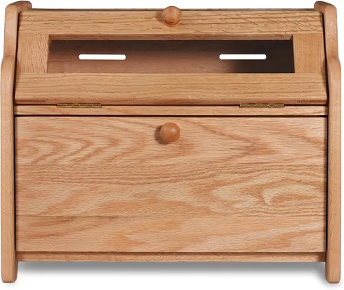 Vista 4 de CONSDAN Panera de madera maciza de roble para encimera de cocina, contenedor de pan de doble capa para almacenamiento de pan, caja de pan de gran