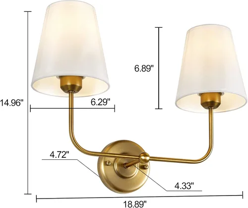 Vista 2 de Aplique de Pared de Doble Luz con Pantallas Cónicas de Tela Blanca, Aplique de Latón Antiguo de 2 Luces para Tocador de Baño, Pasillo, Escalera