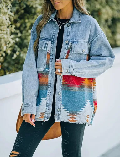 Vista 2 de Haellun Chaqueta azteca de manga larga con solapa y botones para mujer