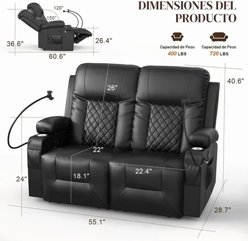Vista 2 de Furnimat Juego de sofá reclinable con 2+1 piezas para sala de estar, sofá reclinable de 2 plazas en cuero, 1 silla reclinable con asiento de sofá