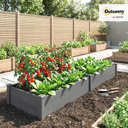 Vista 2 de Outsunny Kit de cama de jardín elevada de madera de 8 x 2 pies, jardinera elevada para exteriores, parte inferior y forro autodrenante, patio