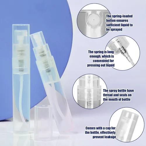 Vista 4 de Fandamei Mini botella de spray, paquete de 10 mini botellas de plástico de 0.2 fl oz vacías, mini botella de perfume recargable de niebla fina