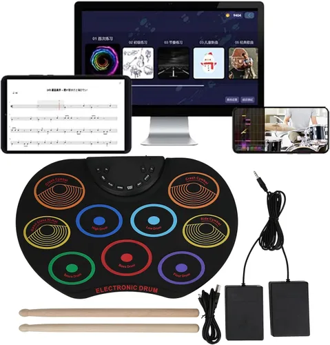 Vista 7 de Juego de batería electrónica, almohadilla de tambor enrollable, almohadilla de tambor enrollada a mano de color portátil para instrumentos de Siete
