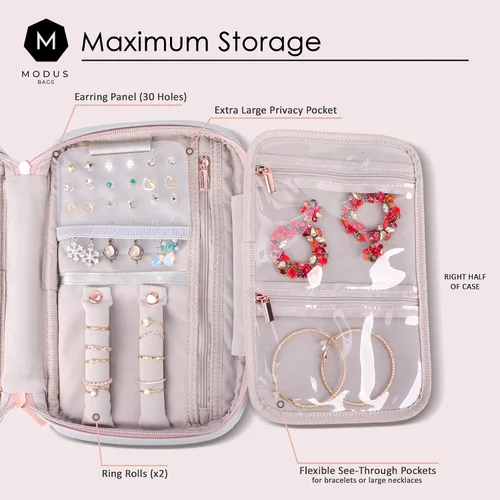 Vista 3 de MODUS BAGS Organizador de joyas de viaje, estuche de gran capacidad para aretes sin enredos, collares, almacenamiento de anillos