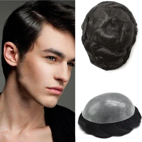 Vista 44 de Toupee para hombres Sistema de reemplazo de cabello humano PU piel fina V-looped Hair Piece Nature Hair System para hombre Toupee 6X8#1B Off Black