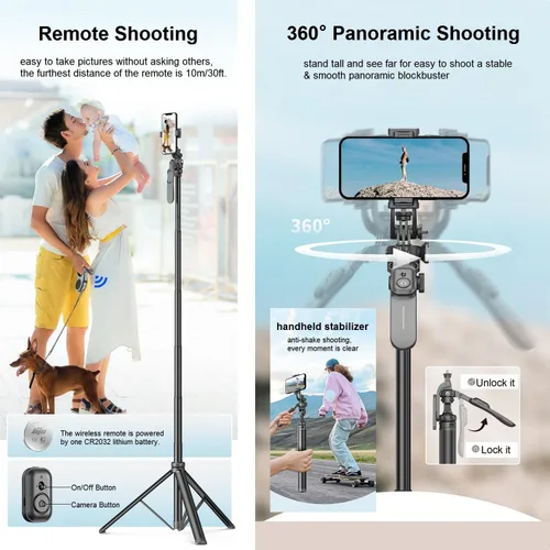 Vista 3 de Trípode de teléfono de 80 pulgadas y palo para selfies, trípode alto extensible todo en uno para teléfono celular para iPhone con control remoto