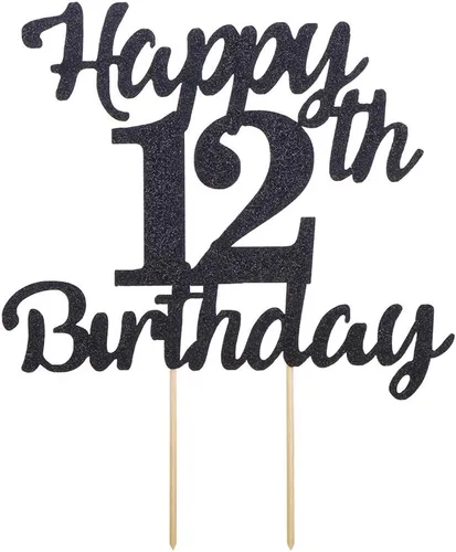 Vista 2 de LVEUD Decoración para pastel de cumpleaños número 12 para feliz cumpleaños, 12 adornos negros para tartas de 12 años, adorno de pastel de feliz