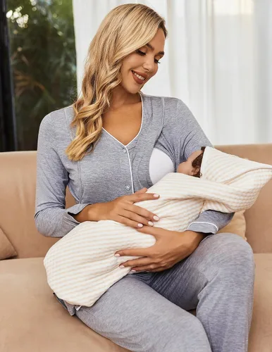 Vista 3 de Ekouaer Conjunto de pijama de maternidad con botones, ropa de dormir de manga larga para lactancia materna con pantalones ajustables