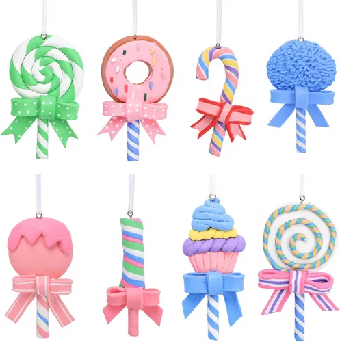 Vista 16 de Codree 8 piezas de adornos de piruleta de bastón de caramelo arcoíris - Adornos colgantes de arcilla polimérica para árbol de Navidad, fiesta